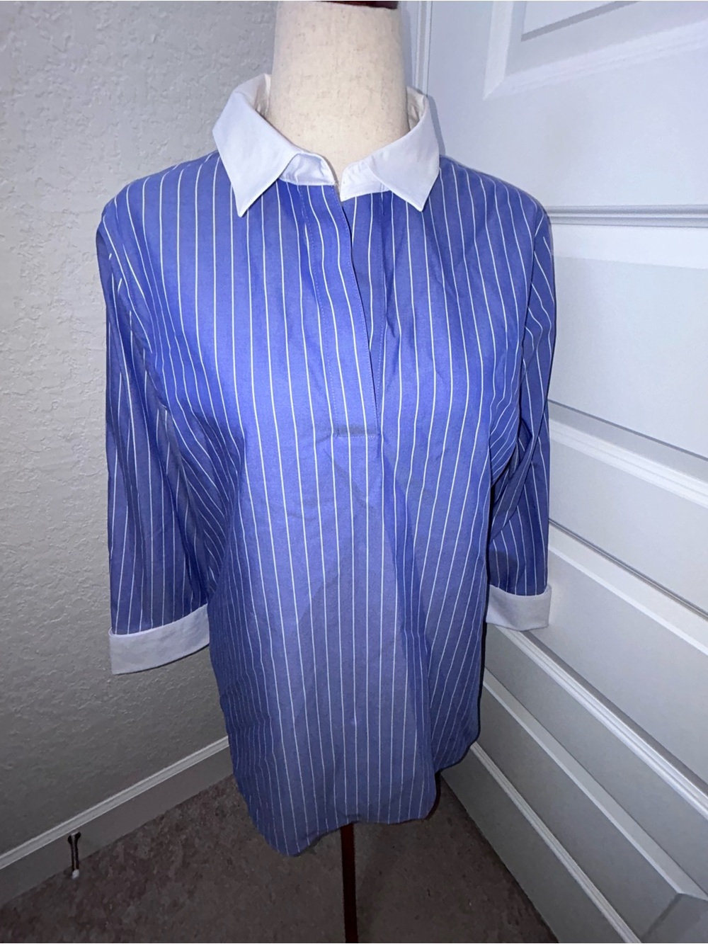 Chico’s Split Neck Stripe Print Long Sleeve Tunic Blouse Shirt Top Chicos
